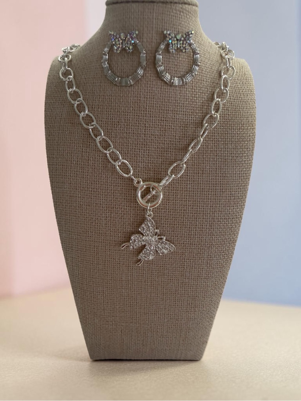 Crystal Butterfly Pendant Necklace and Hoop Earrings Set